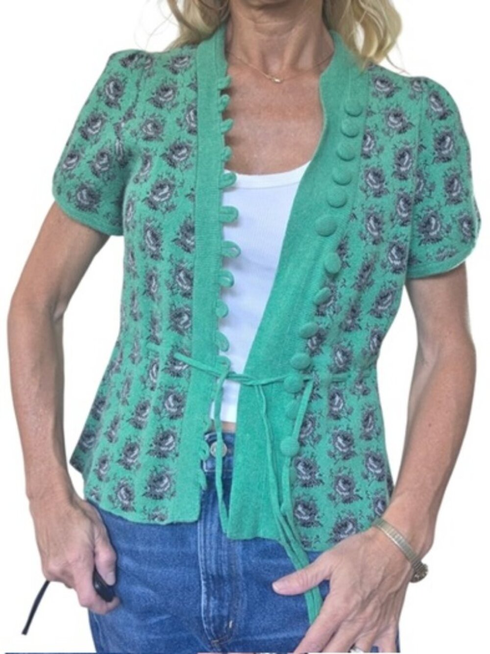 Leifsdottir M Wool Angora Tie Waist Cardigan Sweater Jacket Floral